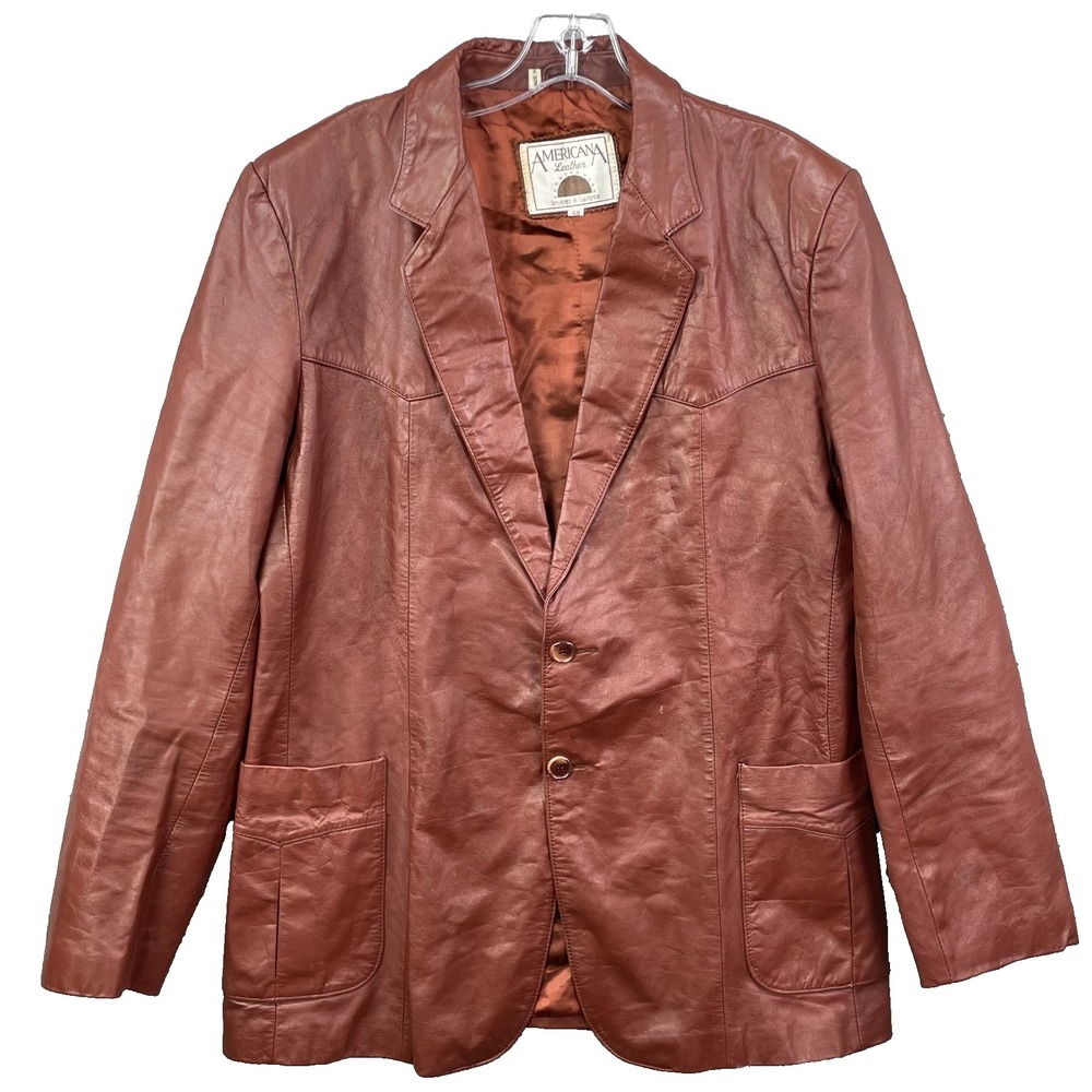 Vintage‎ American Leather Jacket Blazer Men's 44 Red Brown Western 70's Corpcore